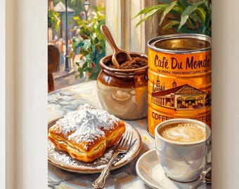 New Orleans Beignet Canvas Print | French Quarter Cafe au Lait Wall Art | NOLA Coffee Painting | Louisiana Kitchen Decor Foodie Gift