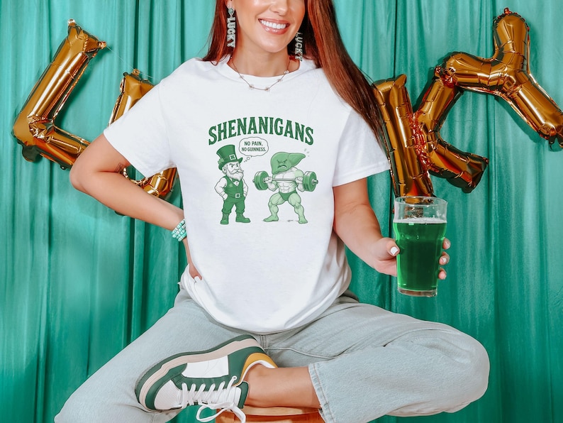 Día de San Patricio - Sin dolor no hay Guinness, camiseta de duende, camiseta de gimnasio, camiseta unisex de algodón grueso, Gildan 5000, camiseta divertida imagen 10