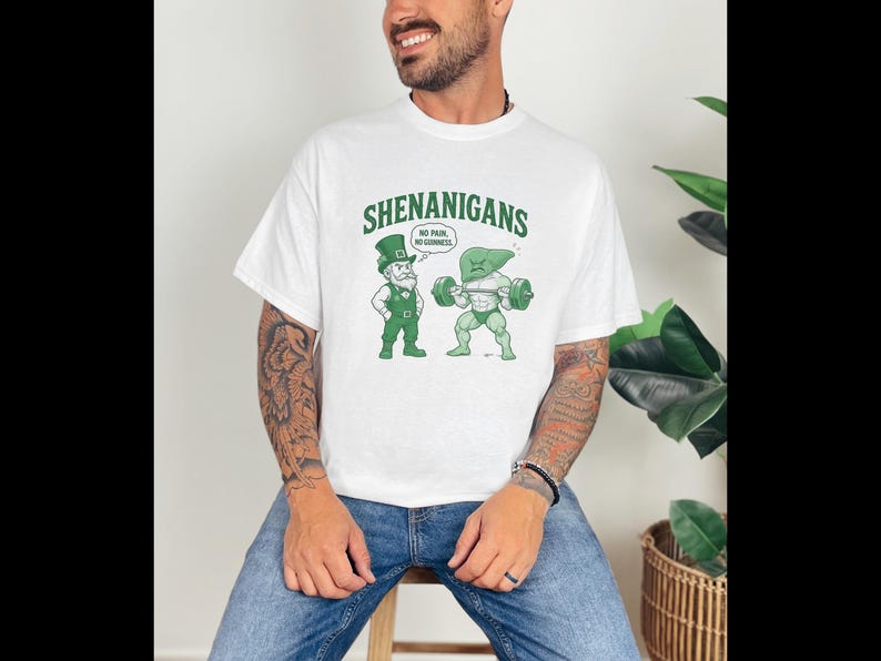 Día de San Patricio - Sin dolor no hay Guinness, camiseta de duende, camiseta de gimnasio, camiseta unisex de algodón grueso, Gildan 5000, camiseta divertida imagen 1