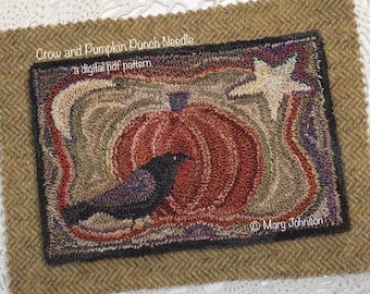 Punch Needle DIGITAL Pattern, Crow and Pumpkin by Mary Johnson, a pdf Pattern