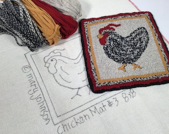 Rug Hooking KIT, "Chicken Mat #3, 8” x 8”, K130, DIY Primitive Rug Hooking, Folk Art Chicken Mat