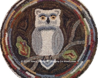 Rug Hooking PATTERN, Woodland Owl Chair Pad or Table Mat, 14" Round, P176, DIY Primitive Rug Hooking, Wide Cut Rug Hooking