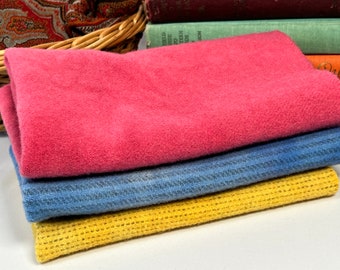 Bright Spring Wool Bundle, 3) fat eighths, hand dyed wool fabric for Rug Hooking and Applique, W639, Blue, Pink, Yellow wool fat eighths