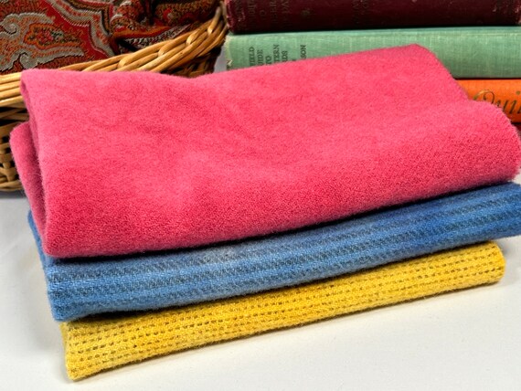 Bright Spring Wool Bundle, 3) fat eighths, hand dyed wool fabric for Rug Hooking and Applique, W639, Blue, Pink, Yellow wool fat eighths