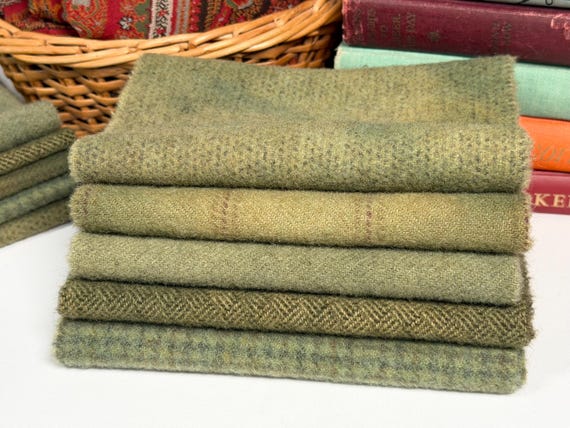 Primitive Greens, hand dyed wool fabric for Rug Hooking and Applique, 5) fat sixteenths, W761, Sage olive, pine greens