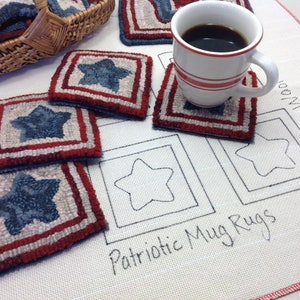 Rug Hooking PATTERN, Patriotic Star Mug Rugs, P125, Patriotic Coasters DIY, Red White and Blue, Americana Mug Rugs