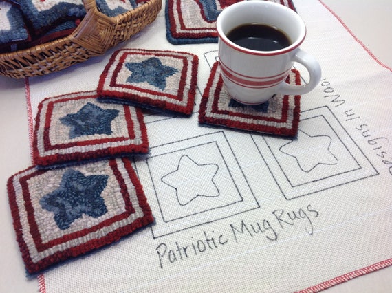 Rug Hooking PATTERN, Patriotic Star Mug Rugs, P125, Patriotic Coasters DIY, Red White and Blue, Americana Mug Rugs