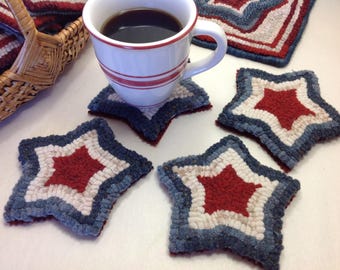 Rug Hooking PATTERN, Red, White and Blue Mug Rugs, P126, Americana Coasters DIY, Patriotic Stars