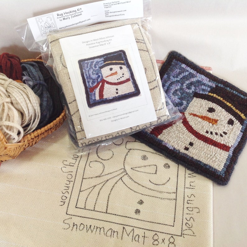 Rug Hooking KIT, Snowman Mat, 8 x 8, K109, DIY Primitive Rug Mat, Rug Holiday Trivet Mat, Winter Rug Hooking Project image 3