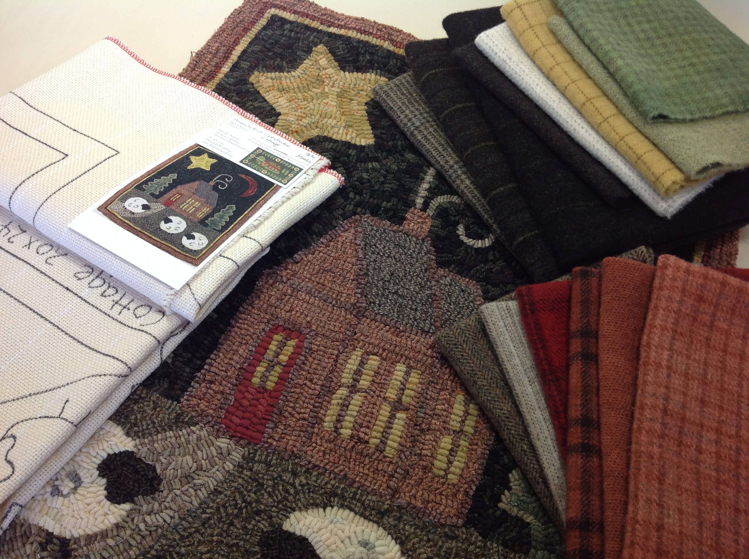 Rug Hooking KIT, Pattern and Wool for Crestview Cottage, a primitive