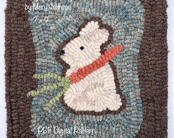 March Bunny 7x9,  Hooked Rug Pattern by Mary Johnson (Digital Download), DIY Folk Art bunny