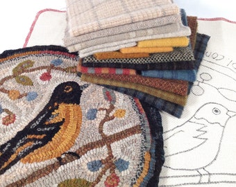 Kit para tejer alfombras, cojín para silla o mantel individual redondo de oropéndola de 35,5 cm (14"), K111, oropéndola de arte popular, oropéndola tejida a mano, arte popular de aves