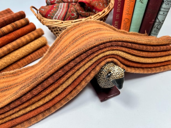 Bittersweet orange bundle, 6) Fat 16th yards, hand dyed wool fabric for rug hooking and applique, W736,  Pumpkin oranges, wool gift pack
