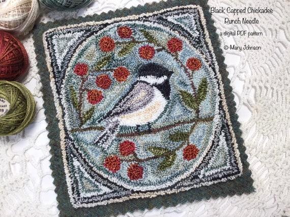 Punch Needle DIGITAL Pattern, Black Capped Chickadee by Mary Johnson, a digital download pdf Pattern