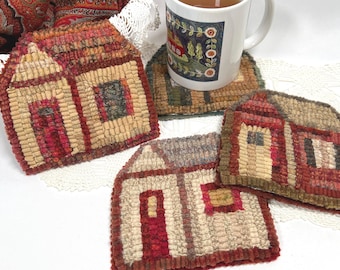 Rug Hooking PATTERN, Little House Mug Rugs, P178, Primitive Rug Hooking Design, DIY Primitive Rug Hooking