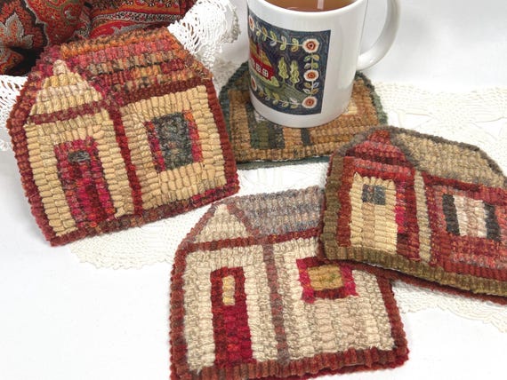 Rug Hooking PATTERN, Little House Mug Rugs, P178, Primitive Rug Hooking Design, DIY Primitive Rug Hooking
