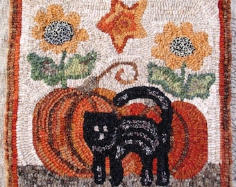 Rug Hooking PATTERN, Fall is Here, 14" x 14", P150, DIY Primitive Halloween Pattern, Folk Art Cat and Pumpkins