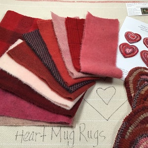 Rug Hooking Kit for Heart Mug Rugs, K129, DIY Primitive Coasters, Folk Art Hearts