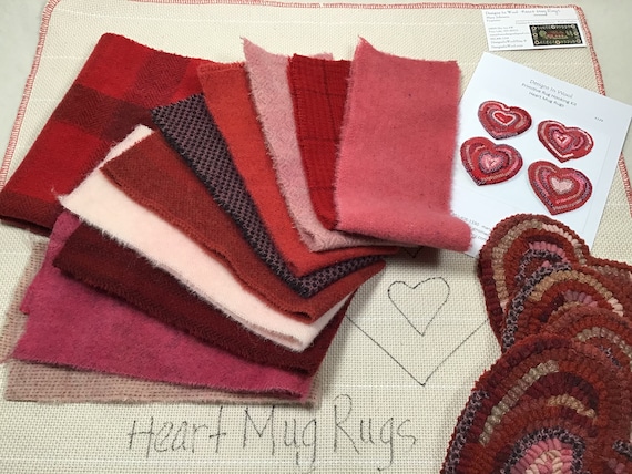 Rug Hooking Kit for Heart Mug Rugs, K129, DIY Primitive Coasters, Folk Art Hearts