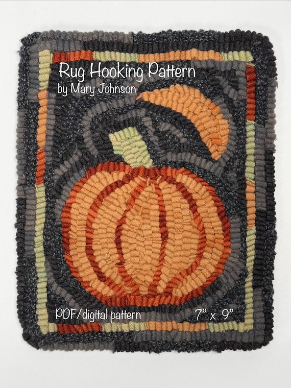 October Pumpkin 7x9,  Hooked Rug Pattern by Mary Johnson (Digital Download), Folk Art Pumpkin DIY