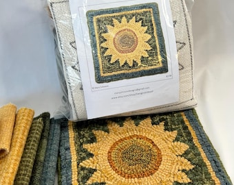 Rug Hooking KIT, Sunflower Mat 2, 8" x 8", K138, DIY Primitive hooked rug kit