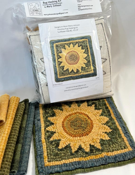 Rug Hooking KIT, Sunflower Mat 2, 8" x 8", K138, DIY Primitive hooked rug kit