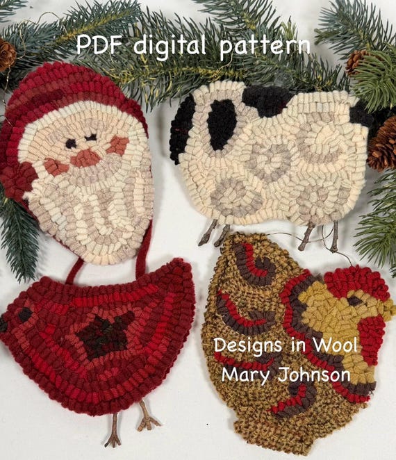 Christmas Ornaments_2,  a rug hooking pattern by Mary Johnson (Digital Download) Santa, Chicken, Cardinal, Sheep