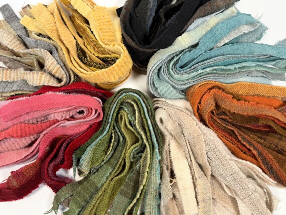 Wool Fabric Selvages, 110 pcs, 100% wool hand dyed and mill dyed for Crafts, Wool Stitchery and Wide cut Rug hooking, W779