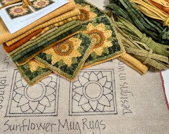 Rug Hooking KIT, Sunflower Mug Rugs #2, DIY Rug Hooking with Wool Fabric, K139, Wide Cut Rug Hooking