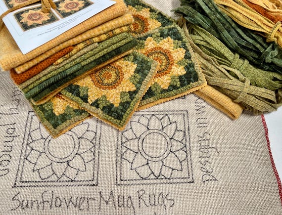 Rug Hooking KIT, Sunflower Mug Rugs #2, DIY Rug Hooking with Wool Fabric, K139, Wide Cut Rug Hooking