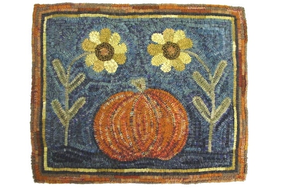Flowers and Pumpkin, 17" x 20" Rug Hooking PATTERN, P160, DIY Primitive Rug Hooking, Pumpkin, Autumn