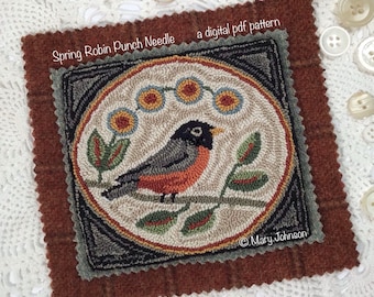 Punch Needle DIGITAL Pattern, Spring Robin by Mary Johnson, a digital download pdf Pattern