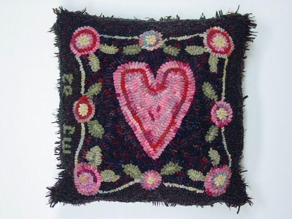Rug Hooking PATTERN, Heart and Flowers, 15" x 15", P138, Folk Art Heart Design, DIY Primitive Rug Hooking Pattern