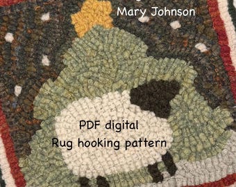 Christmas Sheep Mat 8 x 8 , Hooked Rug Pattern by Mary Johnson (Digital Download)