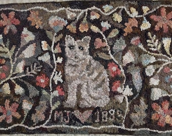 Rug Hooking PATTERN, Cat and Flowers, 24" x 36", Antique Adaptation, P114, DIY Cat Hooked Rug Design, Floral Design