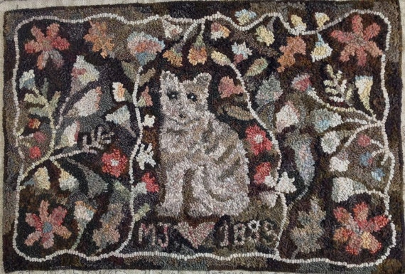 Rug Hooking PATTERN, Cat and Flowers, 24" x 36", Antique Adaptation, P114, Cat Hooked Rug Design, Floral Design