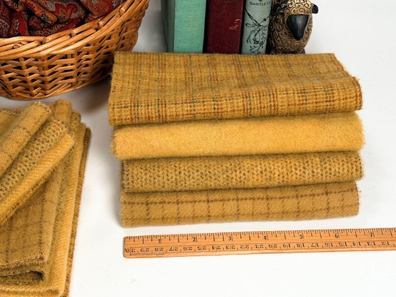 Honey Mustard Wool Bundle, 4) fat sixteenths, hand dyed wool fabric for rug hooking and applique, W781