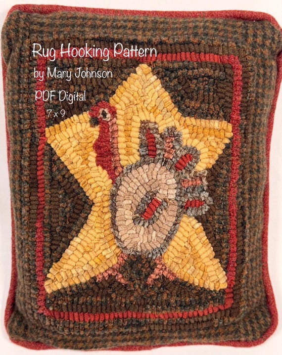 November Turkey 7x9,  Hooked Rug Pattern by Mary Johnson (Digital Download), Turkey and Star
