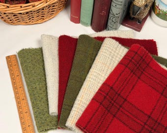 Classic Christmas Wool Bundle for Rug Hooking and Applique, 6) Fat 1/16ths, W788, Green, Red, White wool