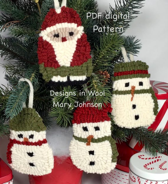 Three Snowmen and an Elf,  a rug hooking pattern by Mary Johnson (Digital Download) Christmas Ornaments