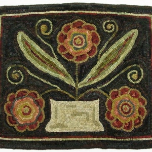 May include: Hand-hooked rug featuring a floral design. The rug has a dark background with a rectangular border. The central design includes three flowers in shades of red, pink, and green, with green leaves and a cream-colored vase.