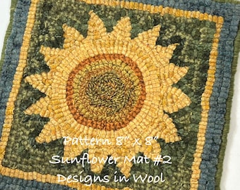 Rug Hooking PATTERN, Sunflower Mat #2, 8" x 8", P227, DIY Primitive Rug Design, Wide Cut Rug Hooking
