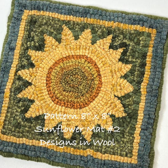 Rug Hooking PATTERN, Sunflower Mat #2, 8" x 8", P227, DIY Primitive Rug Design, Wide Cut Rug Hooking