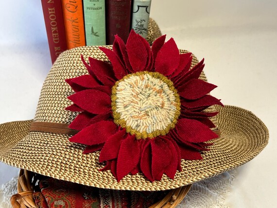 Cranberry Red Wool Flower Pin with White Center, H112, Hand Hooked and Prodded Pin for Hat, Lapel, Basket, Purse, OOAK