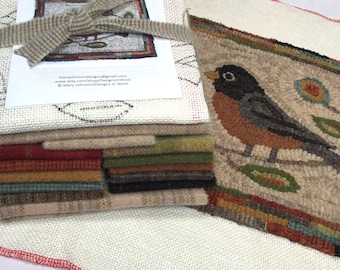 Rug Hooking KIT, American Robin 10" x 12", K132, Folk Art Bird Rug Kit, DIY Primitive Rug Hooking