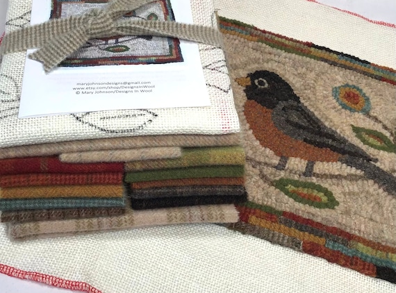 Rug Hooking KIT, American Robin 10" x 12", K132, Folk Art Bird Rug Kit, DIY Primitive Rug Hooking
