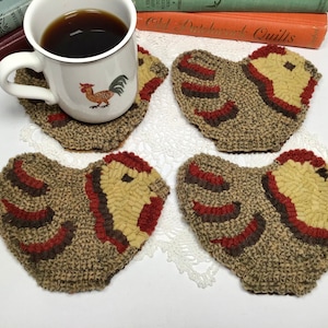 Finished Set of Four, Chicken Mug Rugs, designed and hooked by Mary Johnson, H103, OOAK primitive hooked coasters