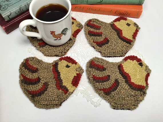 Finished Set of Four, Chicken Mug Rugs, designed and hooked by Mary Johnson, H103, OOAK primitive hooked coasters