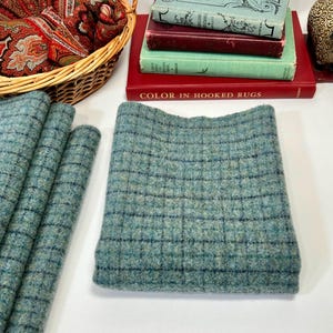 Aegean Sea, a mill dyed wool fabric for Rug Hooking and Applique, W716, soft blue green windowpane wool