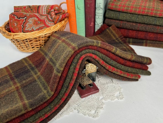 Eventide Wool Bundle, 5) Fat Eighths,  mill dyed wool for Rug Hooking and Applique, W553, dark textures & plaids, reds, greens, browns